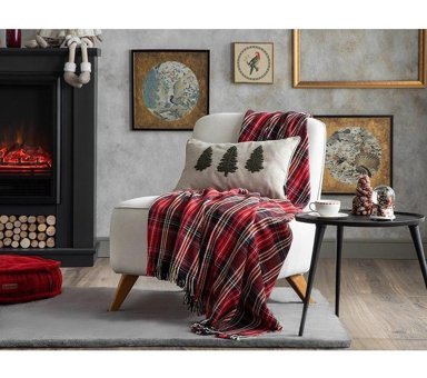English Home Rita Pamuklu Kanvas Saçaklı Süngersiz Armürlü Kırmızı Tekli Koltuk Örtüsü 130x170 cm