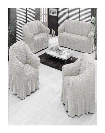 Elgeyar Pamuklu - Polyester Bürümcük Jakarlı Süngersiz Armürlü Giydirmeli Beyaz Yedili Koltuk Örtüsü 183x230 cm