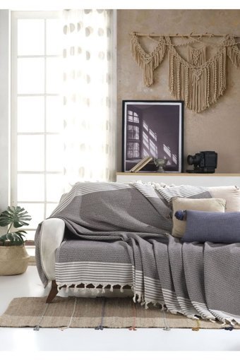 Lux Touch Bergama Pamuklu Püsküllü Süngersiz Geometrik Desenli Kahverengi Tekli Koltuk Örtüsü 170x200 cm