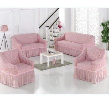 Nusret Pamuklu Bürümcük Fırfırlı Süngersiz Çiçek Desenli Giydirmeli Pembe Dörtlü Koltuk Örtüsü 180x230 cm