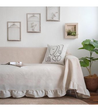 Pamukidea Pamuklu Likralı Fırfırlı Süngersiz Düz Bej Tekli Koltuk Örtüsü 180x300 cm