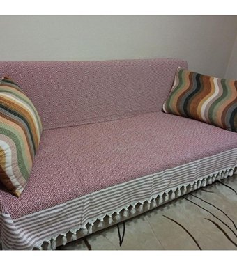 Şener Home Pamuklu Polar Saçaklı Süngersiz Çizgili Kiremit Tekli Koltuk Örtüsü 170x301 cm