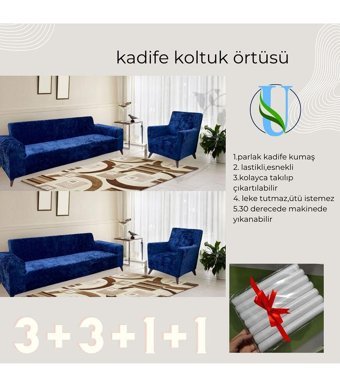 Uy Style Tekstil Kadife Süngerli Armürlü Giydirmeli Lacivert Dörtlü Koltuk Örtüsü 180x230 cm