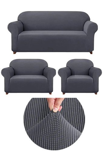 Uytm Pamuklu - Polyester Likralı Süngerli Çiçek Desenli Giydirmeli Gri Üçlü Koltuk Örtüsü 180x230 cm