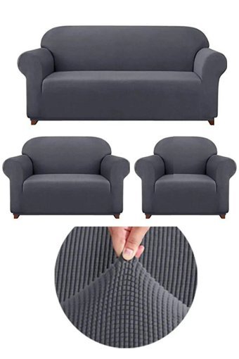 Uytm Pamuklu - Polyester Likralı Süngerli Çiçek Desenli Giydirmeli Gri Üçlü Koltuk Örtüsü 180x230 cm