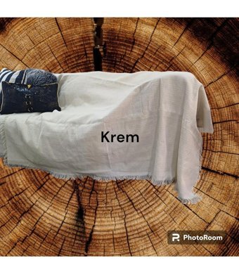 Taşkın Home Pamuklu Polar Saçaklı Süngersiz Geometrik Desenli Bej Tekli Koltuk Örtüsü 180x300 cm