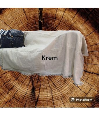 Taşkın Home Pamuklu Polar Saçaklı Süngersiz Geometrik Desenli Bej Tekli Koltuk Örtüsü 180x300 cm
