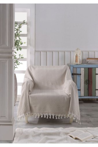 Ladynil Natural Pamuklu Saçaklı Süngersiz Çizgili Bej Tekli Koltuk Örtüsü 160x160 cm