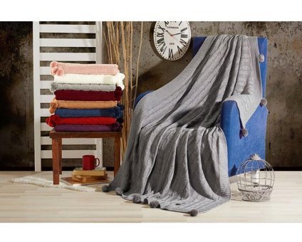 Taclove Yünlü Likralı Ponponlu Süngersiz Gri Tekli Koltuk Örtüsü 130x170 cm