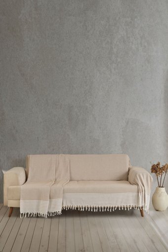 Miracolo Home Pamuklu Püsküllü Süngersiz Çizgili Bej Tekli Koltuk Örtüsü 170x301 cm