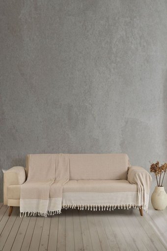 Miracolo Home Pamuklu Püsküllü Süngersiz Çizgili Bej Tekli Koltuk Örtüsü 170x301 cm