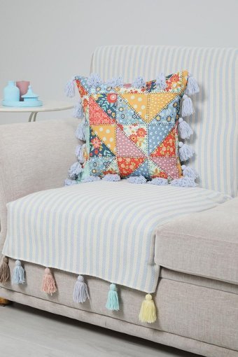 Aisha's Design Pamuklu Püsküllü Süngersiz Çizgili Mavi Tekli Koltuk Örtüsü 75x185 cm