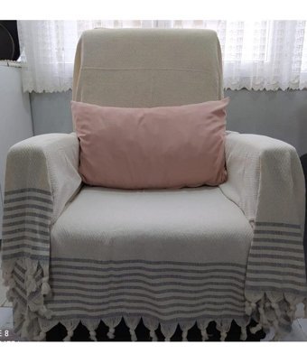 Coperta Pamuklu Kanvas Püsküllü Süngersiz Armürlü Bej Tekli Koltuk Örtüsü 170x210 cm