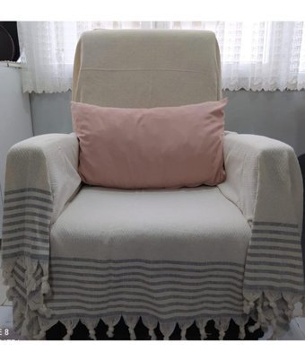 Coperta Pamuklu Kanvas Püsküllü Süngersiz Armürlü Bej Tekli Koltuk Örtüsü 170x210 cm