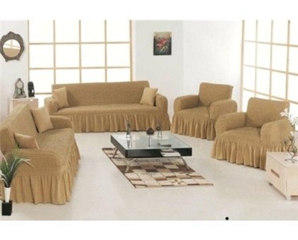 Ak Lale Polyester Bürümcük Jakarlı Süngersiz Petek Desenli Giydirmeli Lastikli Bej Dörtlü Koltuk Örtüsü 200x250 cm