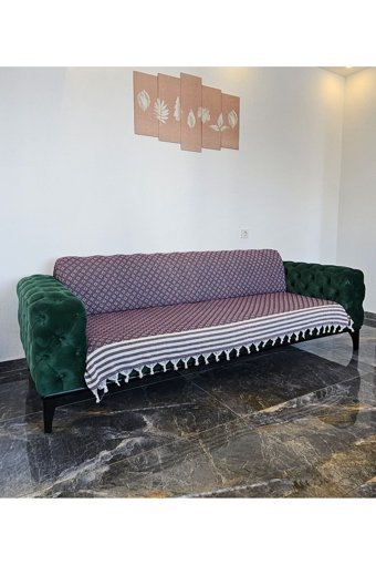 İsmail Gürel Pamuklu Püsküllü Süngersiz Geometrik Desenli Mor Tekli Koltuk Örtüsü 175x210 cm