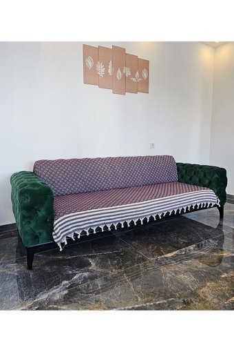 İsmail Gürel Pamuklu Püsküllü Süngersiz Geometrik Desenli Mor Tekli Koltuk Örtüsü 175x210 cm