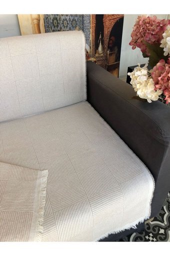 Dost Shiny Pamuklu Kanvas Saçaklı Süngersiz Armürlü Bej Üçlü Koltuk Örtüsü 170x200 cm