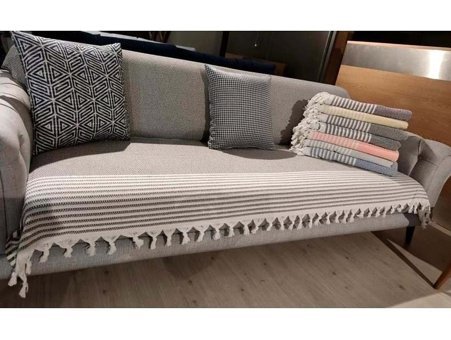 Mandaş Pamuklu Püsküllü Süngersiz Çizgili Kahverengi Tekli Koltuk Örtüsü 180x220 cm