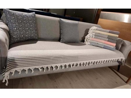 Mandaş Pamuklu Püsküllü Süngersiz Çizgili Kahverengi Tekli Koltuk Örtüsü 180x220 cm