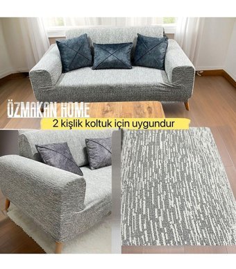 Özmakan Pamuklu - Polyester Likralı Jakarlı Süngersiz Çizgili Giydirmeli Gri İkili Koltuk Örtüsü 135x180 cm