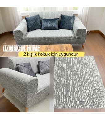 Özmakan Pamuklu - Polyester Likralı Jakarlı Süngersiz Çizgili Giydirmeli Gri İkili Koltuk Örtüsü 135x180 cm