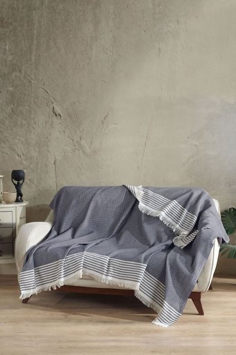 Vagonik Royal Pamuklu Polar Saçaklı Süngersiz Geometrik Desenli Lacivert Tekli Koltuk Örtüsü 170x210 cm