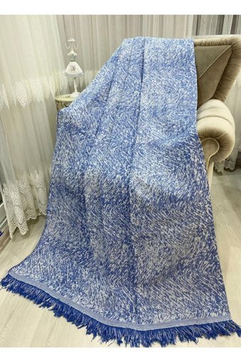 Özlü Home Pamuklu Örgü Saçaklı Süngersiz Kamuflaj Desenli Lacivert Tekli Koltuk Örtüsü 170x220 cm