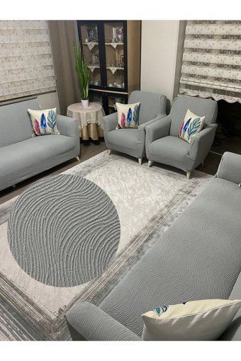 Uyumev Polyester Bürümcük-Likralı Jakarlı Süngerli Çizgili Giydirmeli Gri Dörtlü Koltuk Örtüsü 230x180 cm