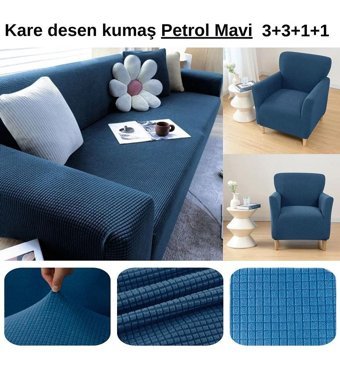Etles Home Pamuklu Likralı Jakarlı Süngersiz Armürlü Giydirmeli Mavi Sekizli Koltuk Örtüsü 180x230 cm