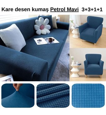 Etles Home Pamuklu Likralı Jakarlı Süngersiz Armürlü Giydirmeli Mavi Sekizli Koltuk Örtüsü 180x230 cm