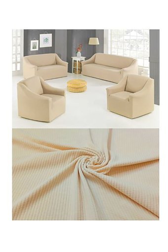 Mehira Tesettür Polyester Likralı Süngersiz Düz Giydirmeli Bej Dörtlü Koltuk Örtüsü 180x230 cm