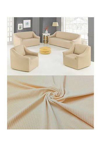 Mehira Tesettür Polyester Likralı Süngersiz Düz Giydirmeli Bej Dörtlü Koltuk Örtüsü 180x230 cm