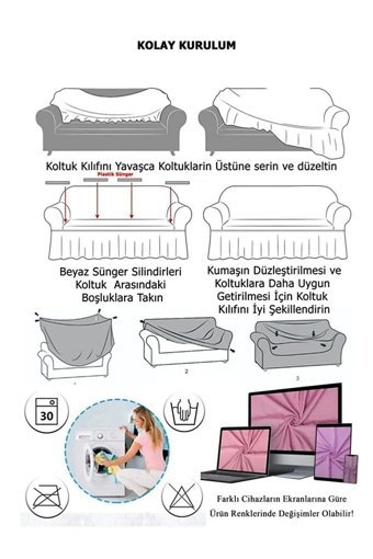 Uytm Polyester Bürümcük-Likralı Drapeli Süngerli Çizgili Giydirmeli Beyaz Tekli Koltuk Örtüsü 230x180 cm