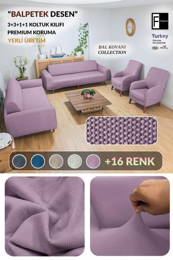 Faiend Polyester Süngersiz Düz Giydirmeli Mor 3-3-1-1 Koltuk Örtüsü 80x125 cm