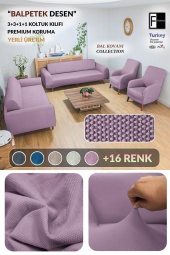 Faiend Polyester Süngersiz Düz Giydirmeli Mor 3-3-1-1 Koltuk Örtüsü 80x125 cm