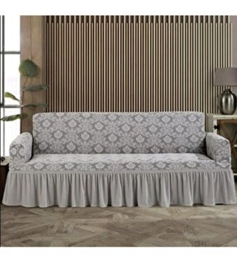 Iydgah Polyester Jakarlı Süngersiz Damask Desenli Giydirmeli Gri Üçlü Koltuk Örtüsü 180x230 cm