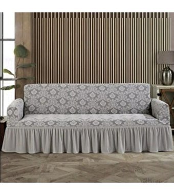 Iydgah Polyester Jakarlı Süngersiz Damask Desenli Giydirmeli Gri Üçlü Koltuk Örtüsü 180x230 cm