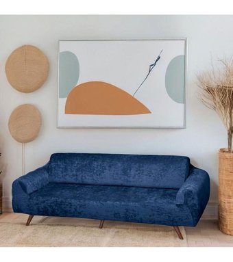Btf Home Kadife Likralı Jakarlı Süngersiz Düz Giydirmeli Lastikli Mavi Üçlü Koltuk Örtüsü 180x230 cm