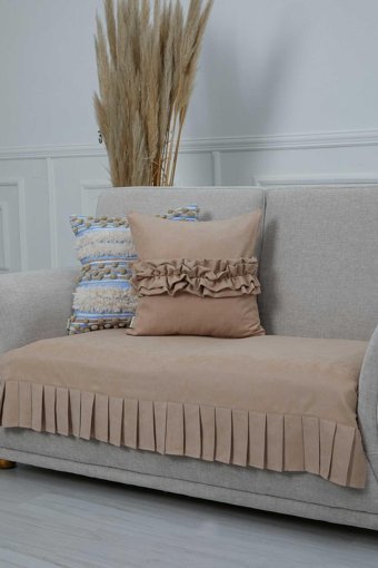 Aisha's Design KO-28 Polyester Örgü Pileli Süngersiz Düz Vizon İkili Koltuk Örtüsü 34x48 cm