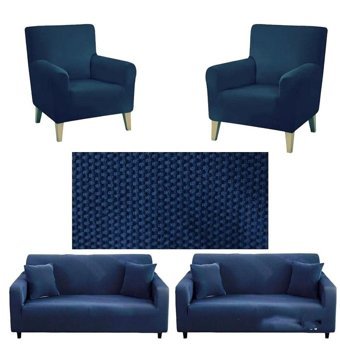 Seltenet Pamuklu - Polyester Likralı Jakarlı Süngersiz Petek Desenli Giydirmeli Su Geçirmez Mavi Üçlü Koltuk Örtüsü 133x200 cm
