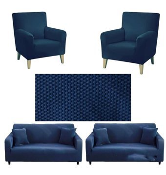 Seltenet Pamuklu - Polyester Likralı Jakarlı Süngersiz Petek Desenli Giydirmeli Su Geçirmez Mavi Üçlü Koltuk Örtüsü 133x200 cm