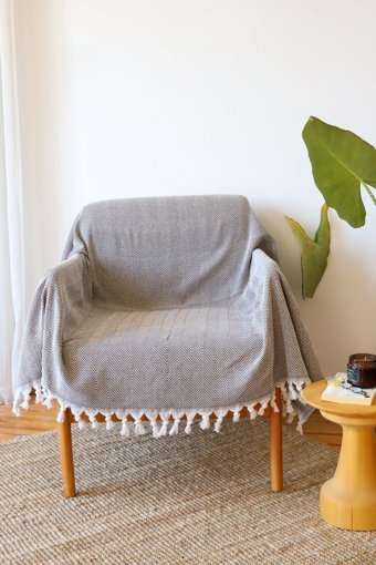 Koza Home Pamuklu Saçaklı Süngersiz Çizgili Kahverengi Tekli Koltuk Örtüsü 150x170 cm