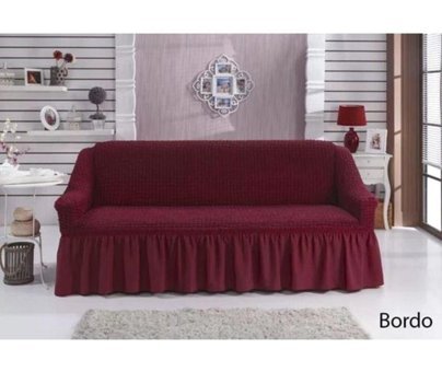 Sdr Home Collection Polyester Bürümcük Fırfırlı Süngerli Geometrik Desenli Bordo Üçlü Koltuk Örtüsü 170x210 cm