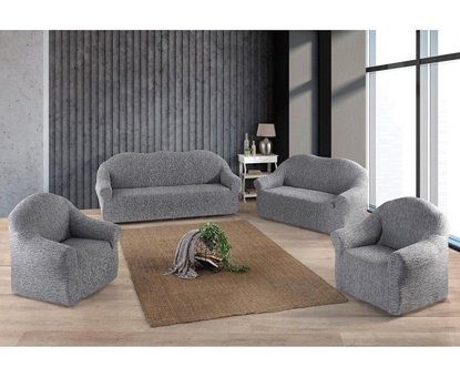 Uzhanem Pamuklu - Polyester Likralı Süngerli Çizgili Giydirmeli Gri Dörtlü Koltuk Örtüsü 170x210 cm