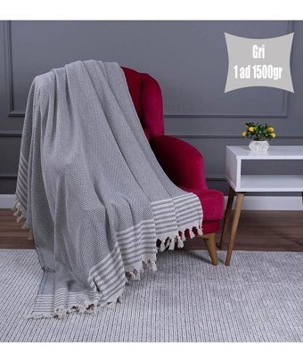 By Ballı Biocotton Pamuklu Kanvas Püsküllü Süngersiz Armürlü Gri Tekli Koltuk Örtüsü 180x215 cm