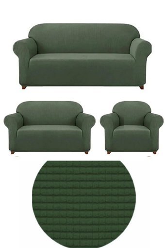 Uytm Pamuklu - Polyester Likralı Süngerli Çiçek Desenli Giydirmeli Yeşil Üçlü Koltuk Örtüsü 180x230 cm