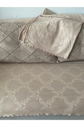 Ebruli Butik Pamuklu - Polyester Polar Jakarlı Süngersiz Kahverengi Üçlü Koltuk Örtüsü