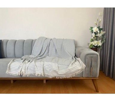 Niks Home Pamuklu Saçaklı Süngersiz Geometrik Desenli Haki Tekli Koltuk Örtüsü 170x210 cm
