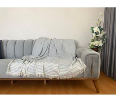 Niks Home Pamuklu Saçaklı Süngersiz Geometrik Desenli Haki Tekli Koltuk Örtüsü 170x210 cm